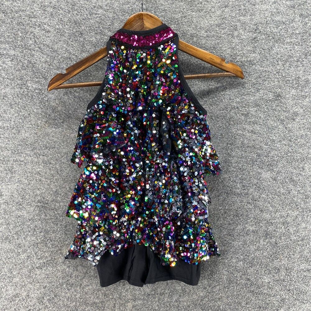 A Wish Come True Girls Gymnastic Suit M Medium Black Sequin Sleeveless Halter